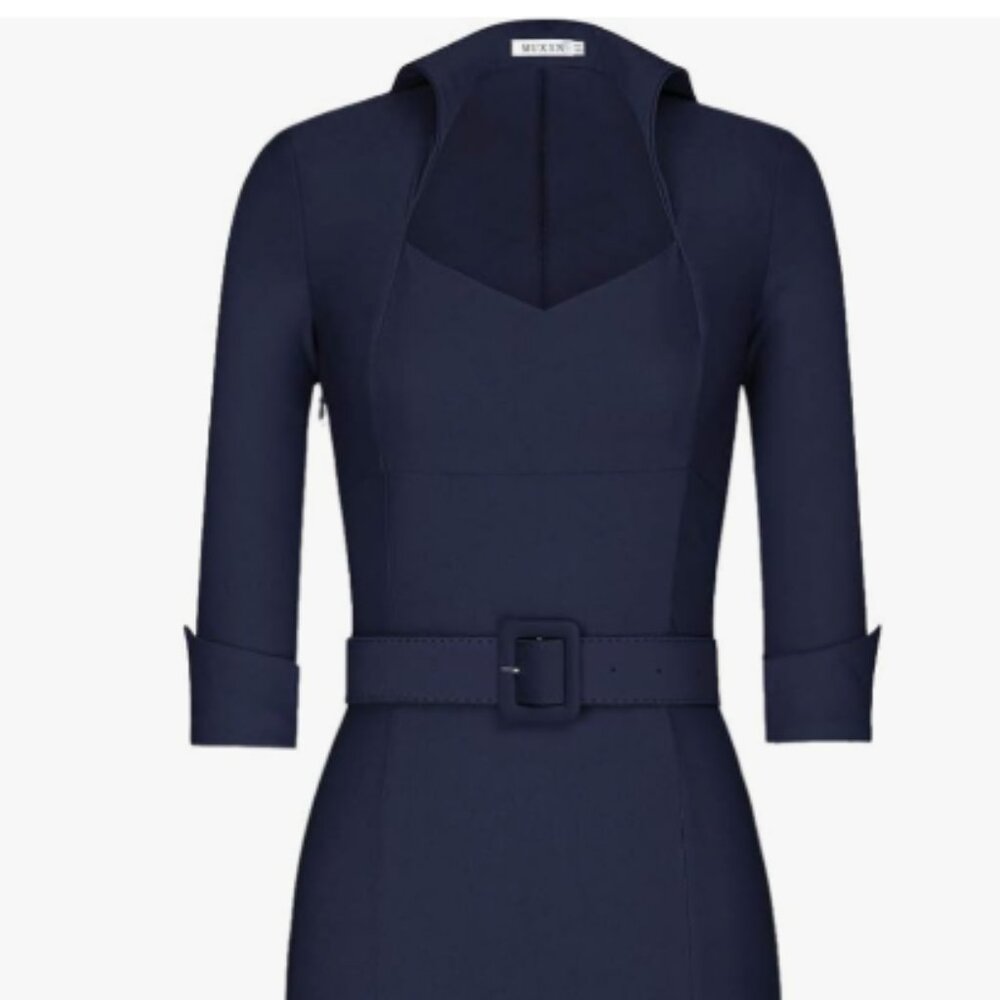 Navy Blue Pleated Collar Half Sleeve Bodycon Dress